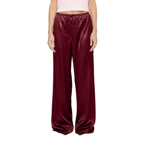 Pantalones Mujer Verano Casual Cintura Elástica con Bolsillos Trousers Pantalon Sueltos con Cordón Chandal Hawaiana Cintura Alta Jogger Holgados Casuales Pants Viajes Ropa(Vino,L)