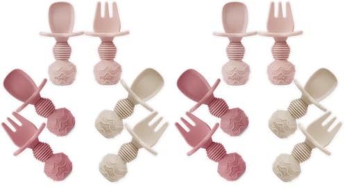 Image of PandaEar 12 Pack Silicone Baby Spoons and Fork Feeding Set- Anti-Choke First Self Feeding Utensils for Baby Led Weaning Ages 3 Months -Pink