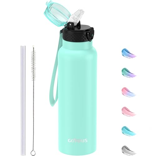 GOPPUS 750ml/26oz Stainless Water Bottle with Straw Double Wall Insulated Bottles with Strap Reusable Vacuum Thermal Flask Leakproof Keep Cold Drinks