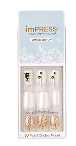 Kiss ImPress Press-On Manicure Pearly White Christmas Nails 82714 First Snow (Tree and Ornaments) Christmas Limited Edition