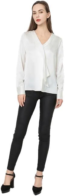 DAISYSILK Silk V-Neck Tie Blouse for Women 22 Momme Luxury Mulberry Silk Shirt with Long Sleeves