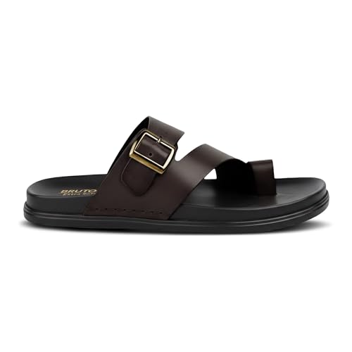 Image of Men's Premium Leather Toe Loop Slippers | Adjustable Buckle Slip-On Flats | Comfortable Cushioned Footbed | Casual Summer Beach Walking Slippers | Brown