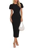 Memoriesea Women's Puff Sleeve Bodycon Cocktail Formal Midi Dress Black