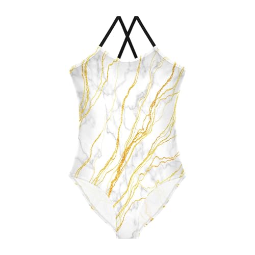 Girls Swimming Suits 3-10 Y Beach Swimsuit Girls, Marble Texture Golden Veins White