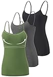 Vislivin Womens Cotton Camisole Adjustable Strap Tank Tops with Shelf Bra Stretch Undershirts Black/Dark Gray/ArmyGreen -1 L