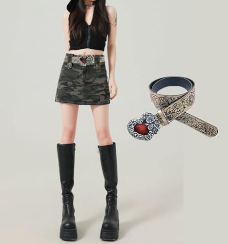 COTIM COYIN Retro Pattern Love Heart Belt, Rose Print Design PU Leather Punk Wasit Belt for Women Jeans Pants Dress3