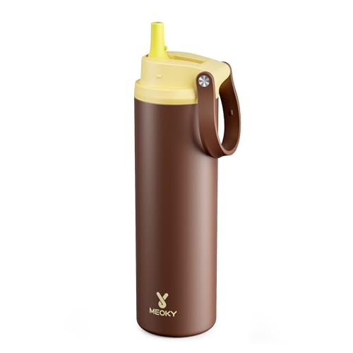 Image of Meoky 24 oz Insulated Stainless Steel Water Bottle: Flip-to-Pop Straw, Leak Proof, 24H Cold, Fits in Car Cup Holder, Carry Loop, BPA-Free, Wide Mouth Water Bottle for Adults Gym Bag, Honey