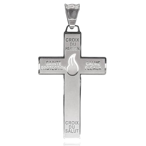 Catholic Marie Julie Jahenny of Benediction with Protection Cross of Forgiveness with White Enamel Flame Holy Cross of Pardon  Stainless Steel Crucifix End Times Pendant cruz del perdn cruz del perdn en acero inoxidable