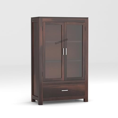Image of SUNCOM Solid Sheesham Wood Sideboard Cabinet for Livingroom & Home Furniture - Wooden Cabinet with 2 Glass Doors & 1 Big Drawers for Storage - Designed to Display. Built to Store (Walnut Finish)