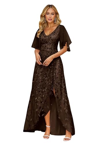 Mother of The Bride Dresses with Sparkly Sequin Tulle V Neck Flutter Sleeve Formal Evening Dress