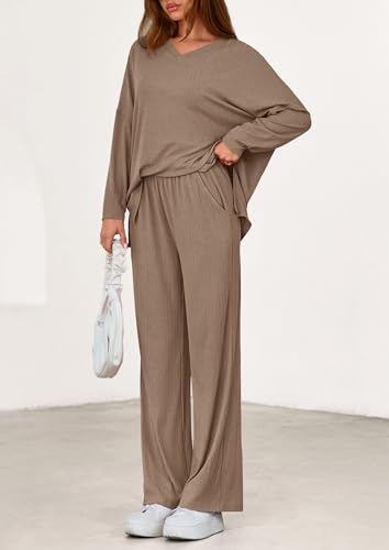 PRETTYGARDEN 2 Piece Lounge Sets for Women Fall Outfits 2025 Casual Loose Long Sleeve Tops Wide Leg Pants Matching Pajama Set