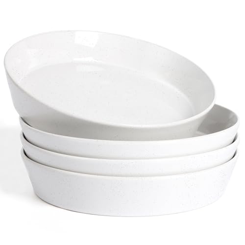 HaWare Pasta Bowls Set of 4, 34oz Salad Plates for Home Kitchen, Stackable Large Wide Ceramic Bowl for Serving Dinner, Microwave & Dishwasher Safe, Speckled Starlight White