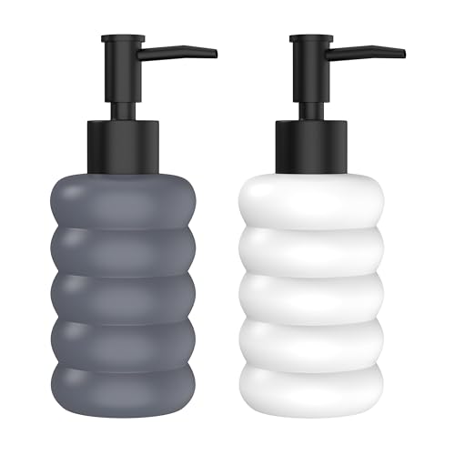Image of Rioware Ceramic Soap Dispenser Hand Wash Bottles for Basin | Multipurpose Refillable for Liquid Shampoo, Kitchen, Bathroom, and Household Use | 300Ml, Pack of 2 - Round White & Grey