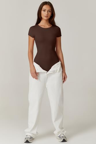 QINSEN Women's Crew Neck Short Sleeve Bodysuit Double Lined Body Suits Basic T-shirt Tops4