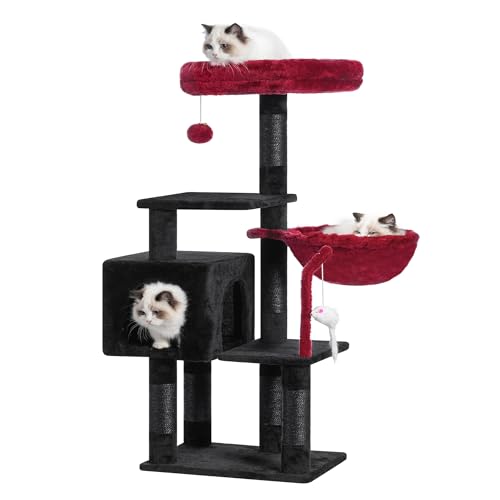 Image of Heybly Cat Tree with Toy, 43.3 inch Cat Tower for Indoor Cats HCT004SBR | Cat Condo with Durable Sisal Scratching Posts, Cat House with Padded Plush Perch, Cozy Hammock, Black and Red