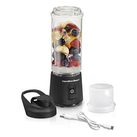 Hamilton Beach Cordless Portable Personal Blender for Shakes and Smoothies, USB Rechargeable, 16 oz. Jar with Leakproof Travel Lid, 6 Stainless Steel Blades, Black (51180) Cover