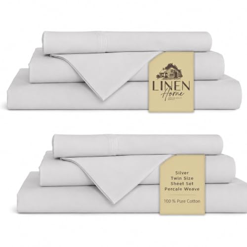 Image of Linen Home 100% Cotton Percale Sheets Twin Size Pack of 2, Silver, Deep Pocket, 6 Pieces Set- 2 Flat, 2 Fitted and 2 Pillowcases, Crisp Cool and Long Staple Strong Bed Linen