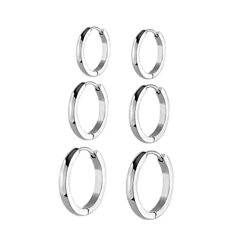 Jwoolw Jewelry Set of 3 Pairs Women Mens Surgical Stainless Steel Round Cute Small Charm Hoop Huggie Earrings Hypoallergenic (Silver 1)