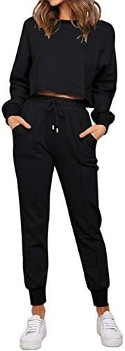 ZESICA Women's Long Sleeve Crop Top and Pants Pajama Sets 2 Piece Jogger Long Sleepwear Loungewear Pjs Sets Black