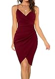 OWIN Women's Cocktail Dress 2025 Sexy Sleeveless Wrap V Neck Ruched Bodycon Empire Waist Night Out Party Dresses That Hide Belly Fat Burgendy L