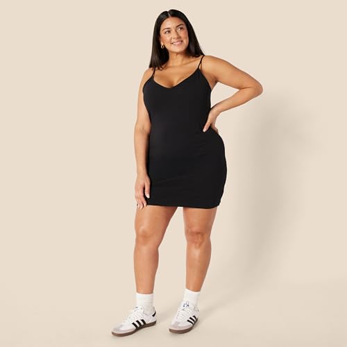 Image of Amazon Essentials Women's V Neck Slim Fit Cotton Layering Slip Dress with Adjustable Elastic Cami Straps