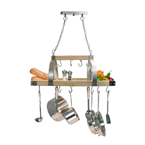 Elegant Designs PR1001-WOD 2 Light Kitchen Wood Pot Rack With Downlights, Wood With Brushed Nickel Accents thumb #4