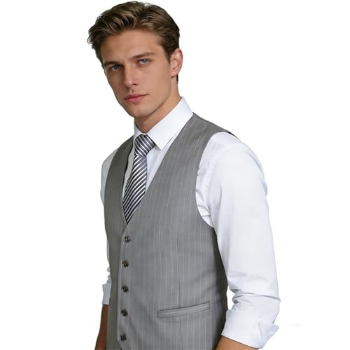 Image of Alizeal Mens Pinstripe Business Vest Formal Fit | V-Neck Bollar 5-Button Front Waistcoat for Suit Tuxedo and Formal Events