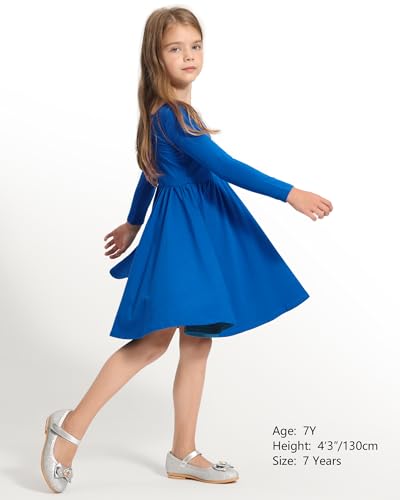 Image of Stelle Long Sleeve Girls Dress Toddler Dresses Skater Twirl Cotton A-Line Dress for School Casual | Criss Cross Back,Crew Neck,High Waist,Spinny Swing,Stretchable,Spring Fall Winter,Casual School Birthday Dance