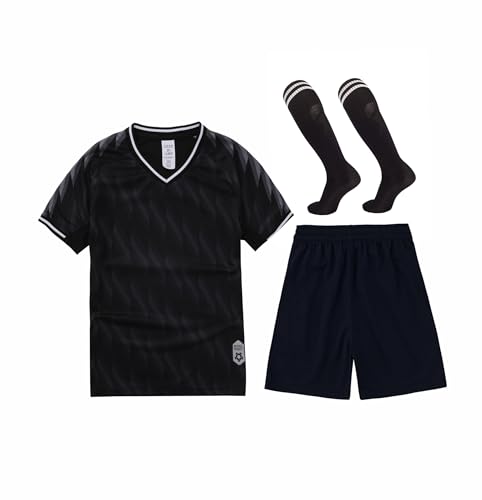 [M2C] キッズサッカーウェア ジャージ 3点セット靴下付き トレーニングウェア ボーイズ ジュニア サッカー練習着 半袖ショーツ 通気 吸汗速乾 ブラック 130（Amazon）