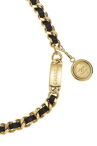 Pre-Loved Gold & Black Leather 'CC' Medallion Chain Belt, Black2