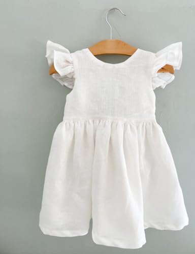 MyLittleDani White linen dress for a little flower girl, crafted from eco-friendly materials, with an elegant bow that can be customized in color. Boho Sage Green Wedding, Vintage Baby Dress4