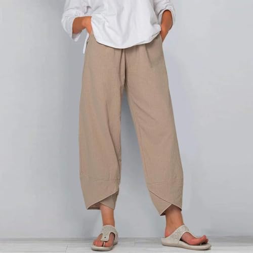 Cotton Linen Casual Wide Leg Fashion Pants for Women Summer Elastic Waist Trousers with Pockets Solid Color Pants2