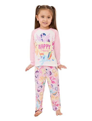 My Little Pony Girls Pajama Set, Pony print long sleeve colorblock cozy fall winter sleepwear, bedtime holidays for kids loose fit toddler friendly unicorn halloween pjs for girls Pink 2T