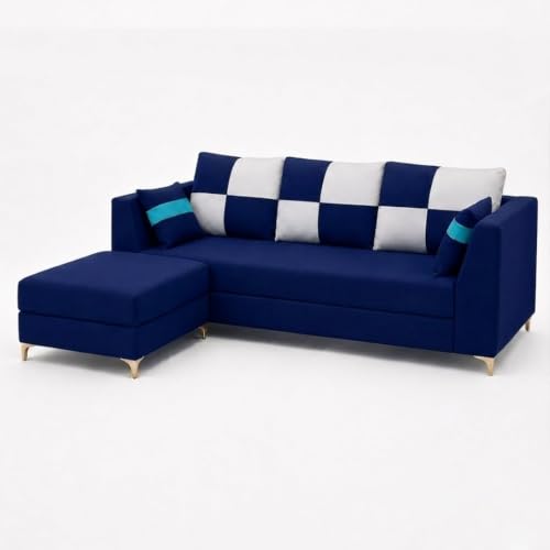 Image of FURNY Signature Cresta 4-Seater L-Shape Sofa Set with Movable Ottoman | Flexible LHS /RHS Layout | Boston Fabric | 40D Foam + Zigzag Spring | 3-Yr Warranty (Midnight Blue, Light Grey)