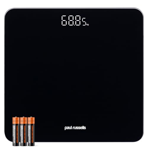 paul russells Digital Bathroom Scales for Body Weight, Weighing Scale with Glass, High Precision Sensors Accurate Weight Machine, Batteries Included, 180kg/28st/400lb, Black