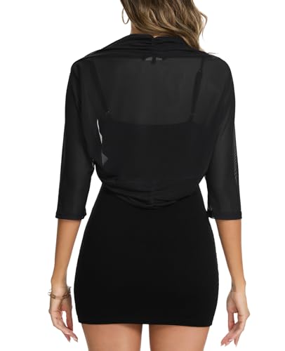 Image of MINTLIMIT Women's Elegant Sheer Mesh Shrug Bolero Batwing 3 /4 Sleeve Open Front Cropped Cardigan Shrugs for Evening Dress