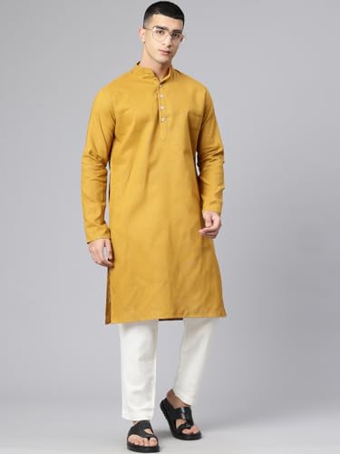 Image of Majestic Man Men's Cotton Regular Fit Casual Mandarin Collar Ethnic Motifs Solid Long Kurta