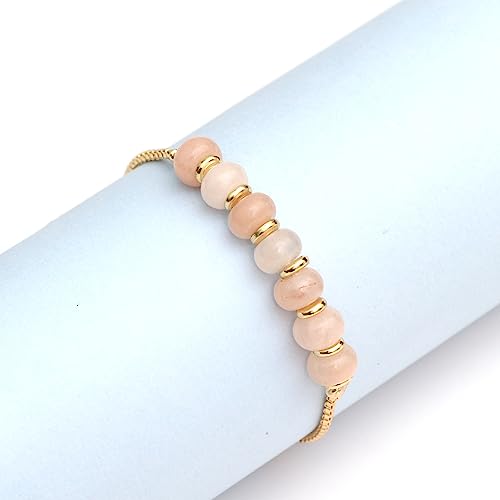 Gempires Peach Moonstone Bolo Bracelet, Handmade Beaded Jewellery, Crystal Beads Bracelets for Women, 14k Gold Plated Slider Chain, 6 to 8-inch Adjustable Bracelet