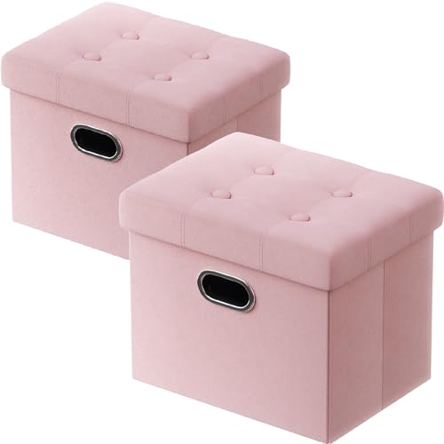 Image of PRANDOM Ottoman with Storage [2-Pack] Velvet Folding Small Square Foot Stool with Lid for Living Room Bedroom Coffee Table Dorm Pink 17x13x13 inches