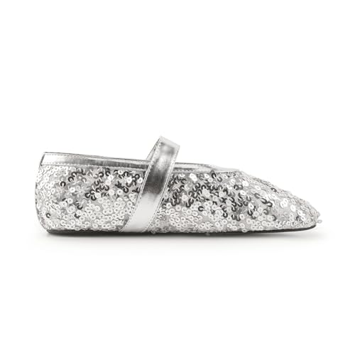 Women's Silver Glitter Sequin Ballet Flats Closed Toe Mary Jame Flats Strap Buckle Stage Performance Shoes2