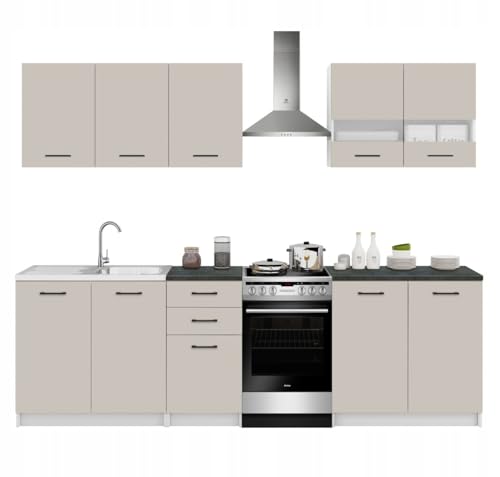Laclar Küchenmöbel Set Kaschmir mit District Dark Arbeitsplatten- Komplettes Set mit 200 cm Schränken - Flexibler Anordnung - einfache Montag - inklusive Arbeitsplatten und Zubehör