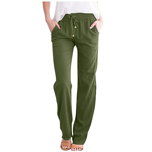 Linen Pants Women Drawstring High Waisted Straight Leg Pants Lightweight Summer Slim Fit Work Pants with Pockets