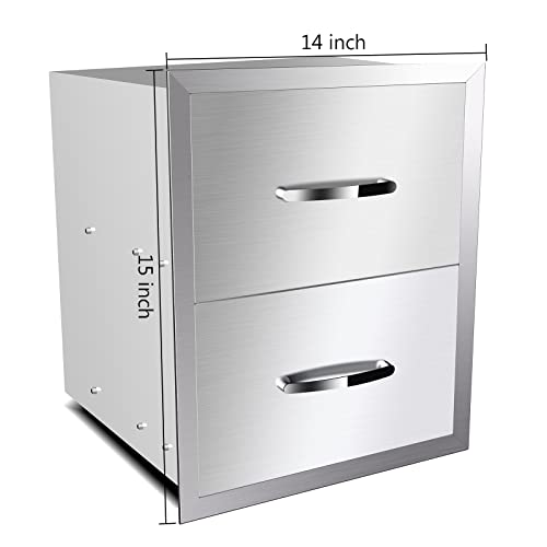 Image of Outdoor Kitchen Double Drawers 14 inch W x 15 inch H x 23 inch D Inches BBQ Drawer Stainless Steel Access Drawers with Exquisite Handle for Outdoor Kitchen Island or Grill Station