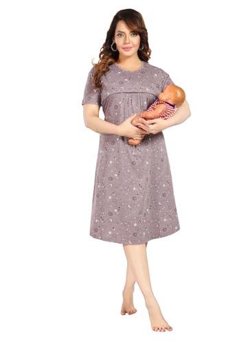Image of Fabme Women's Above Knee Length Printed Pre and Post Pregnancy Pure Cotton Nursing Nightdress Nighty