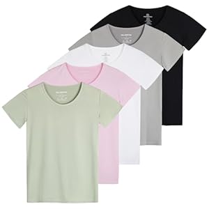 Real Essentials 5 Pack: Women’s Dry Fit Tech Stretch Short-Sleeve Crew Neck Athletic T-Shirt (Available in Plus Size)