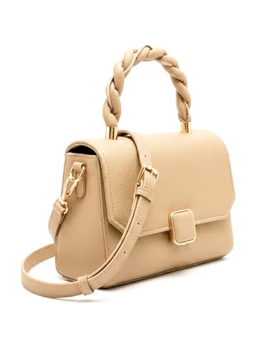 Image of Women's Sling Handbag with Braided Top Handle, Beige Leather, Adjustable Strap, Gold Hardware, Medium Size
