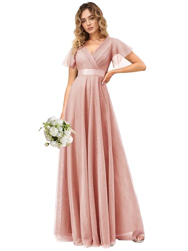 Ever-Pretty Women's Mother of Bride Dress Double V-Neck Empire Waist Front Wrap Tulle Bridesmaid Dress Pink US14
