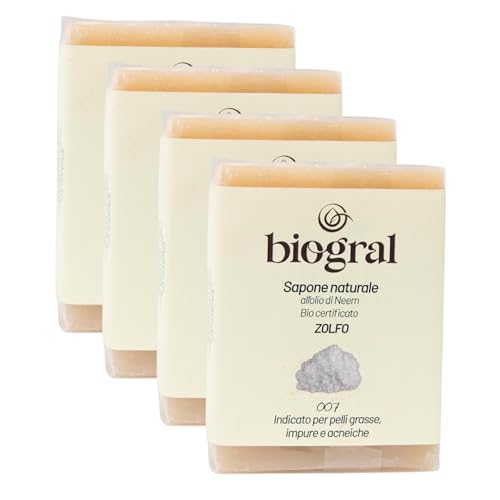 BIOGRAL - Set 4 Sapone Zolfo Solido con Olio di Neem (100 gr) Sapone Antibatterico per Viso, Mani e Corpo, Naturale Biologico Certificato Prodotto in Italia, Ideale come Regalo Donna Uomo