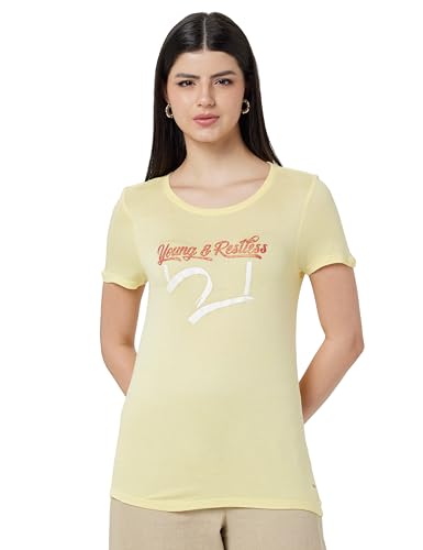 Image of Spykar Women's Cotton Printed Slim Fit T-Shirt