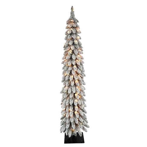 Puleo International Pre Lit 6 Flocked Alpine Pencil Artificial Christmas Tree Green